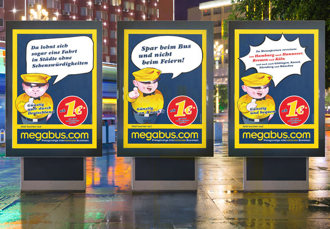 Plakate von megabus.com umgesetzt von der Werbeagentur straight